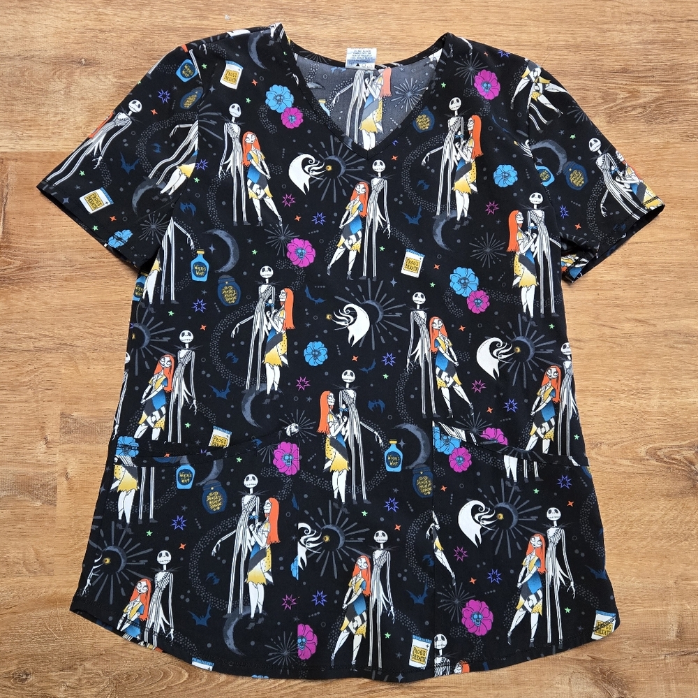 Womens Colorful Nightmare Before Christmas Scrub Top Small